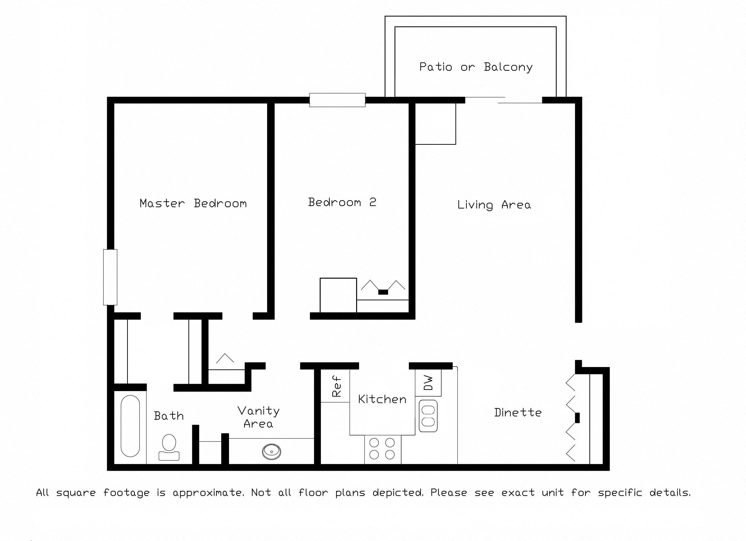 Floor plan for 2 beds, 1 bath, 1000 sqft
